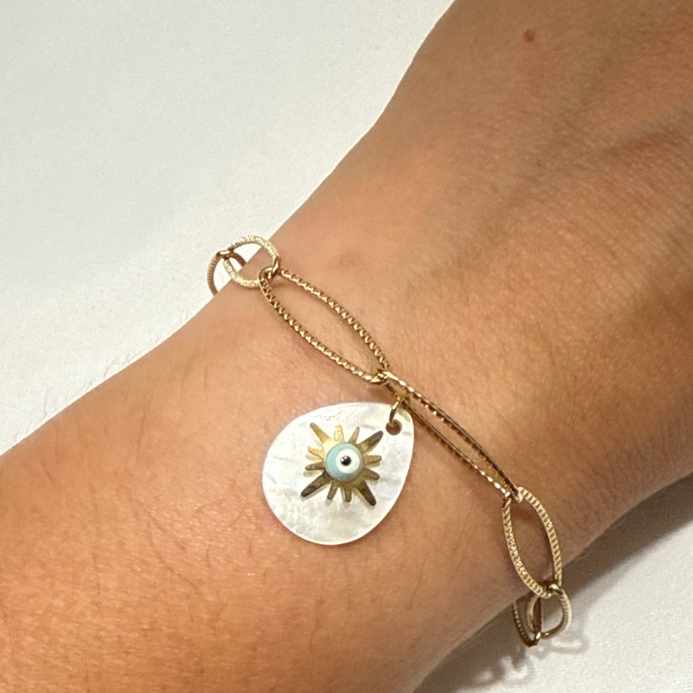 Gold Tone Evil Eye Mother of Pearl Charm Bracelet Sunburst Link Chain protection